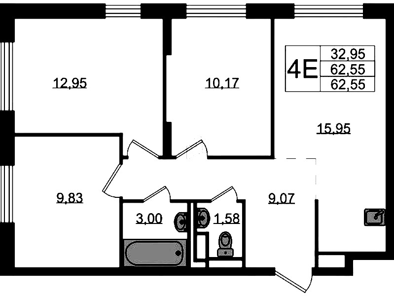 3-комнатная квартира 62.55 м², 12/12 эт., ЖК «Новые Лаврики»